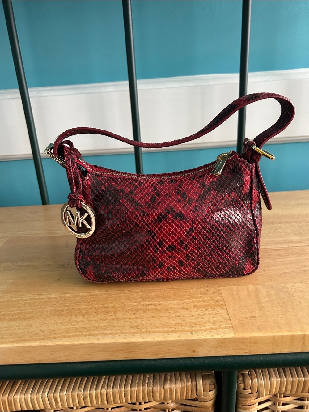 Michael Kors Red Snakeskin Mini Shoulder Bag with Gold MK Charm